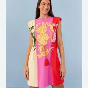 New Farm Rio Mixed Prints Multi T Shirt Dress With Tassel Tie Medium Colorblock